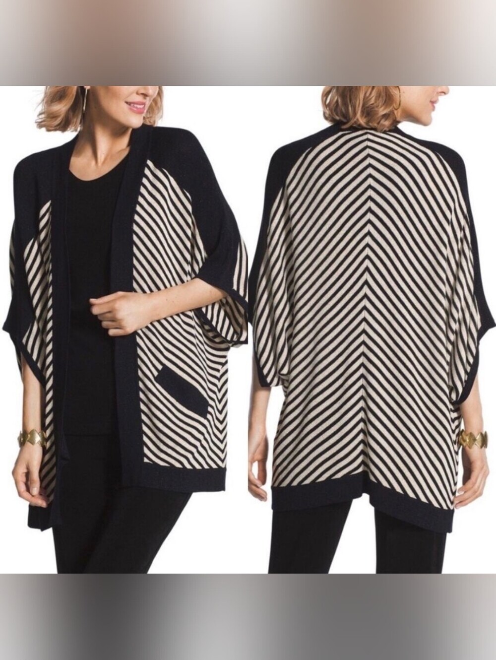 Travelers by Chico's Striped Shimmer Open-Front Knit Cardigan L NWT